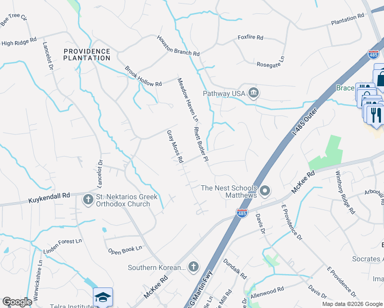 map of restaurants, bars, coffee shops, grocery stores, and more near 2402 Beaucatcher Lane in Charlotte