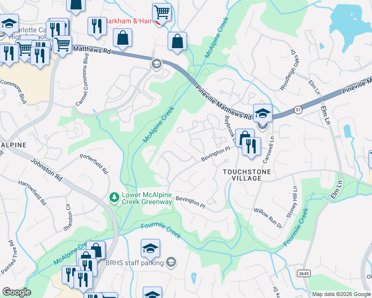 map of restaurants, bars, coffee shops, grocery stores, and more near 6700 Bevington Ridge Road in Charlotte
