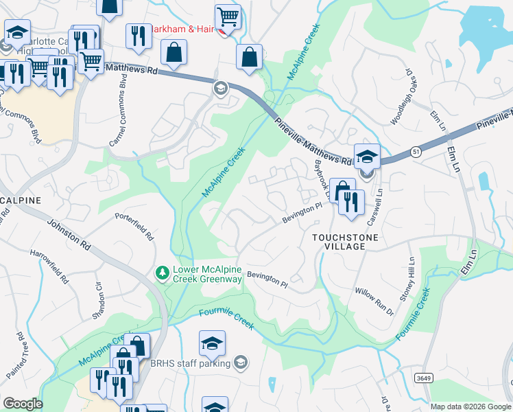 map of restaurants, bars, coffee shops, grocery stores, and more near 6700 Bevington Ridge Road in Charlotte