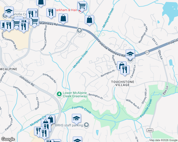 map of restaurants, bars, coffee shops, grocery stores, and more near 6700 Bevington Ridge Road in Charlotte