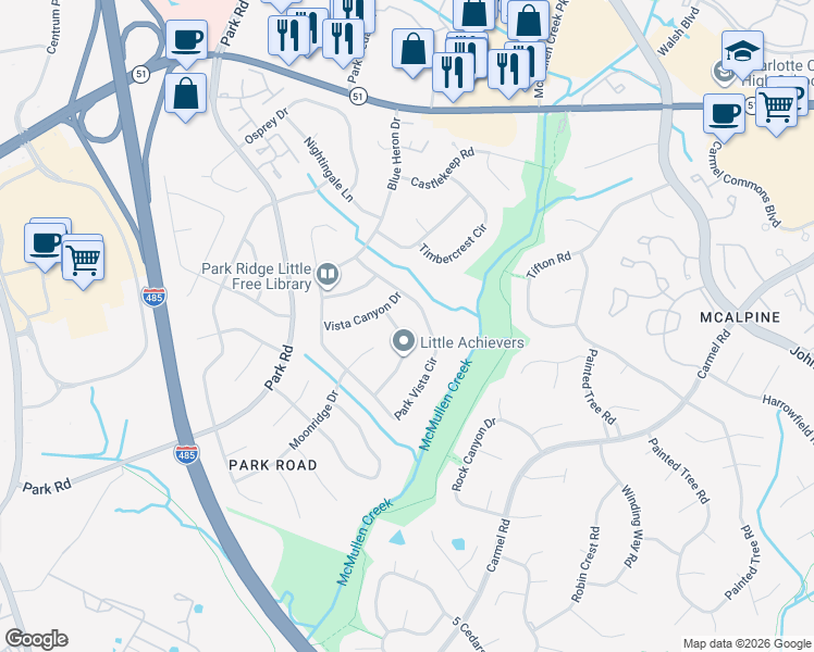 map of restaurants, bars, coffee shops, grocery stores, and more near 8318 Trail View Drive in Charlotte