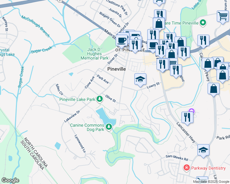 map of restaurants, bars, coffee shops, grocery stores, and more near 706 Johnston Drive in Pineville