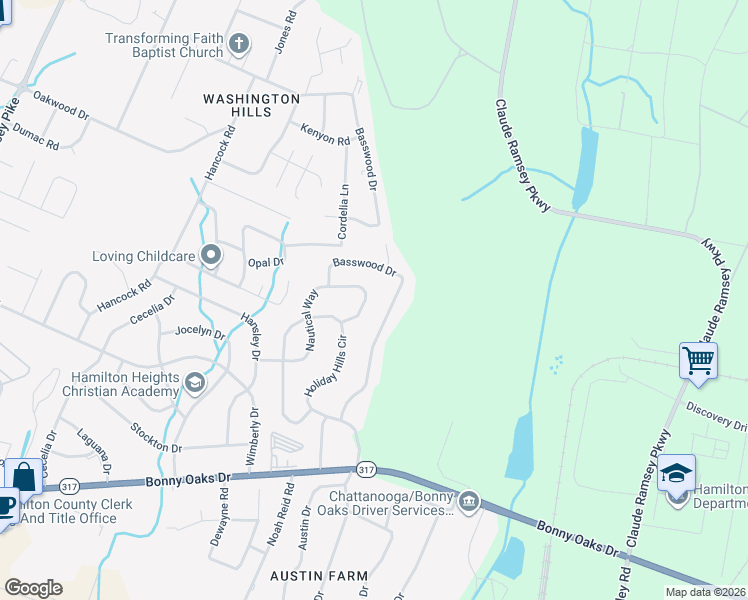 map of restaurants, bars, coffee shops, grocery stores, and more near 7741 Basswood Drive in Chattanooga