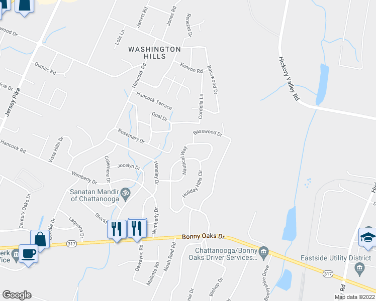 map of restaurants, bars, coffee shops, grocery stores, and more near 7726 Nautical Way in Chattanooga