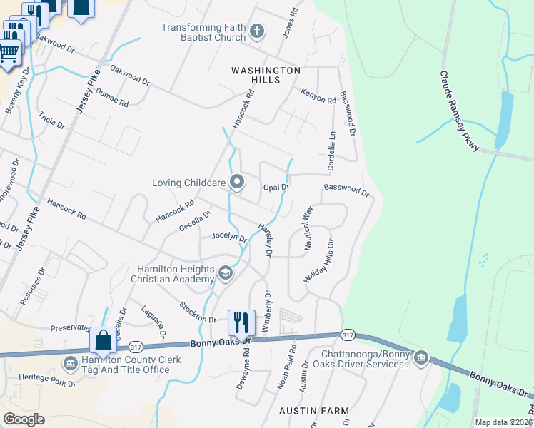 map of restaurants, bars, coffee shops, grocery stores, and more near 6331 Hansley Drive in Chattanooga