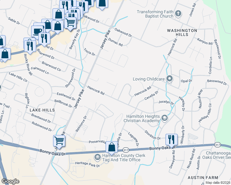 map of restaurants, bars, coffee shops, grocery stores, and more near 4626 Heiskell Drive in Chattanooga