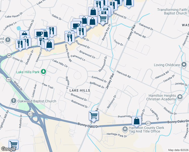 map of restaurants, bars, coffee shops, grocery stores, and more near 4811 Eastwood Drive in Chattanooga