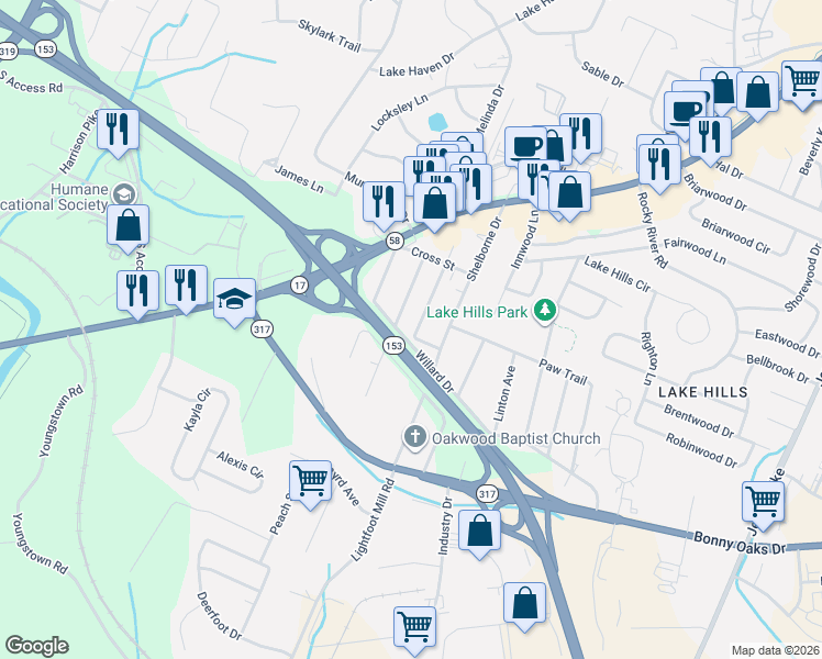 map of restaurants, bars, coffee shops, grocery stores, and more near 4419 Short Street in Chattanooga