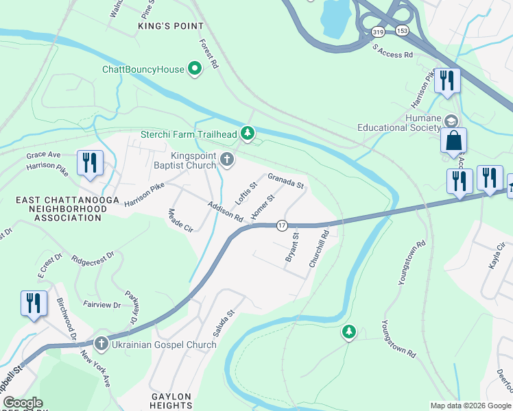 map of restaurants, bars, coffee shops, grocery stores, and more near 4015 Homer Street in Chattanooga