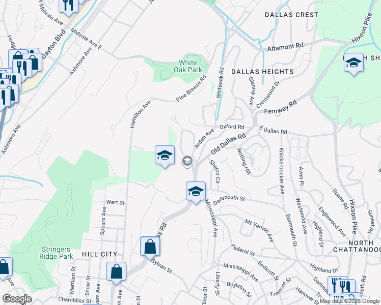 map of restaurants, bars, coffee shops, grocery stores, and more near 1602 Berkley Circle in Chattanooga