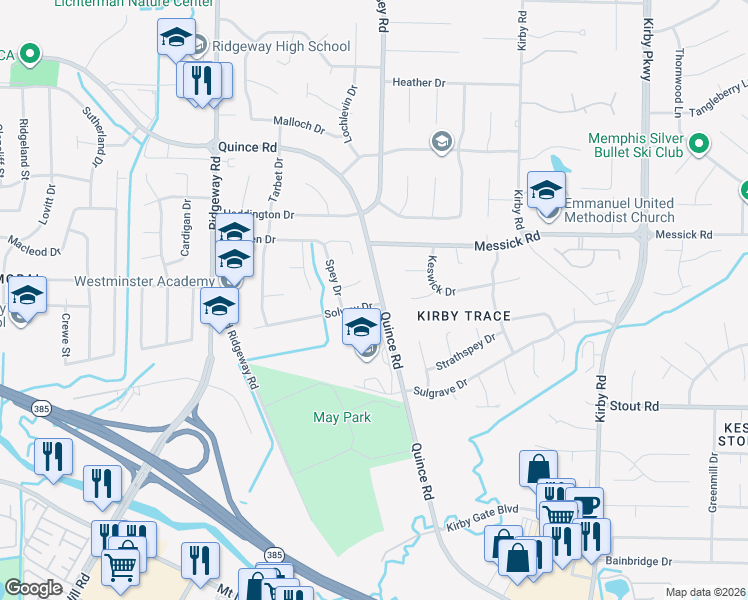 map of restaurants, bars, coffee shops, grocery stores, and more near 6306 Quince Road in Memphis