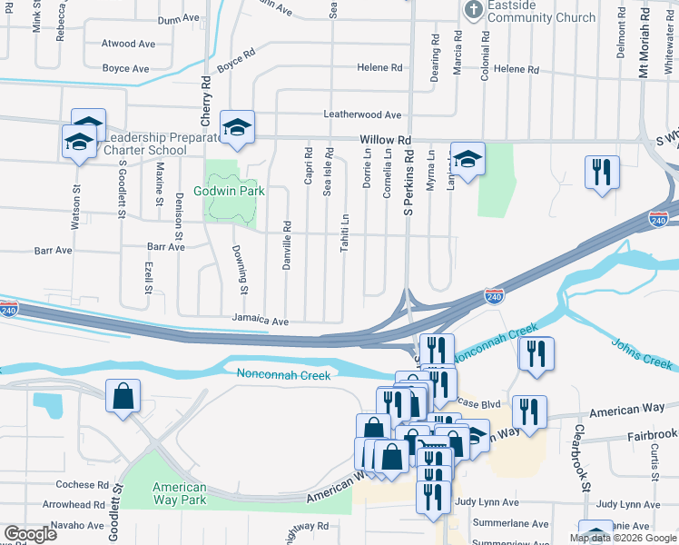 map of restaurants, bars, coffee shops, grocery stores, and more near 1878 Tahiti Lane in Memphis