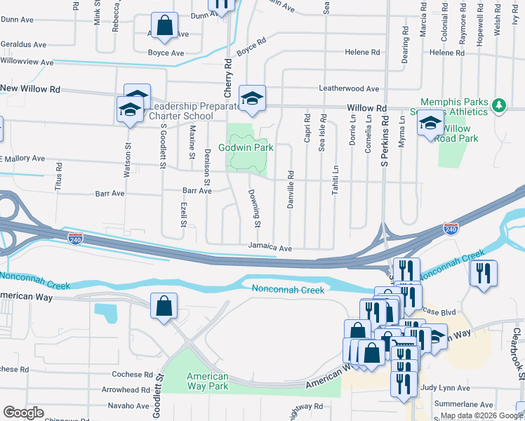 map of restaurants, bars, coffee shops, grocery stores, and more near 1878 Downing Street in Memphis