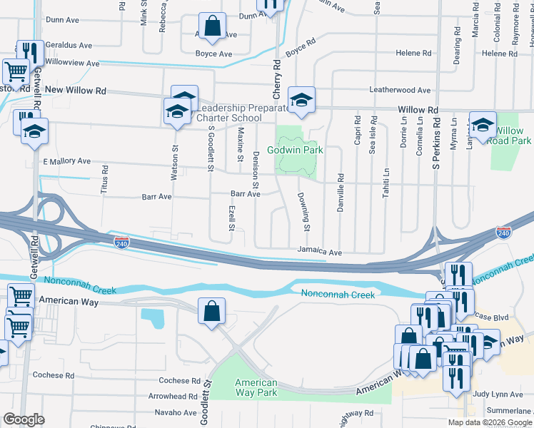 map of restaurants, bars, coffee shops, grocery stores, and more near 1871 Lausanne Street in Memphis