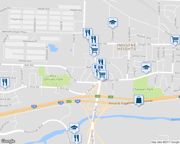 map of restaurants, bars, coffee shops, grocery stores, and more near 2381 Lindbergh Road in Memphis