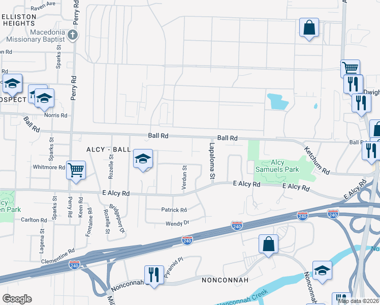 map of restaurants, bars, coffee shops, grocery stores, and more near 2360 Verdun Cove in Memphis