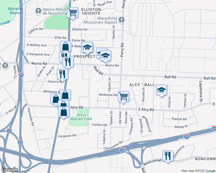 map of restaurants, bars, coffee shops, grocery stores, and more near 1532 Gausco Road in Memphis