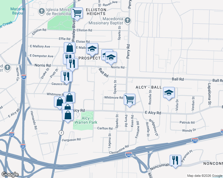 map of restaurants, bars, coffee shops, grocery stores, and more near 1494 Gausco Road in Memphis