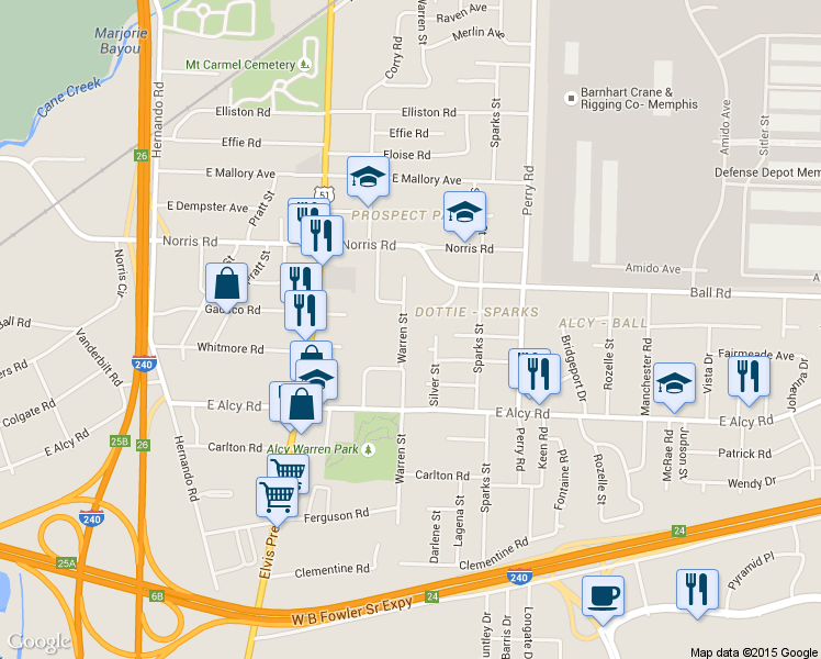 map of restaurants, bars, coffee shops, grocery stores, and more near 2374 Warren Street in Memphis