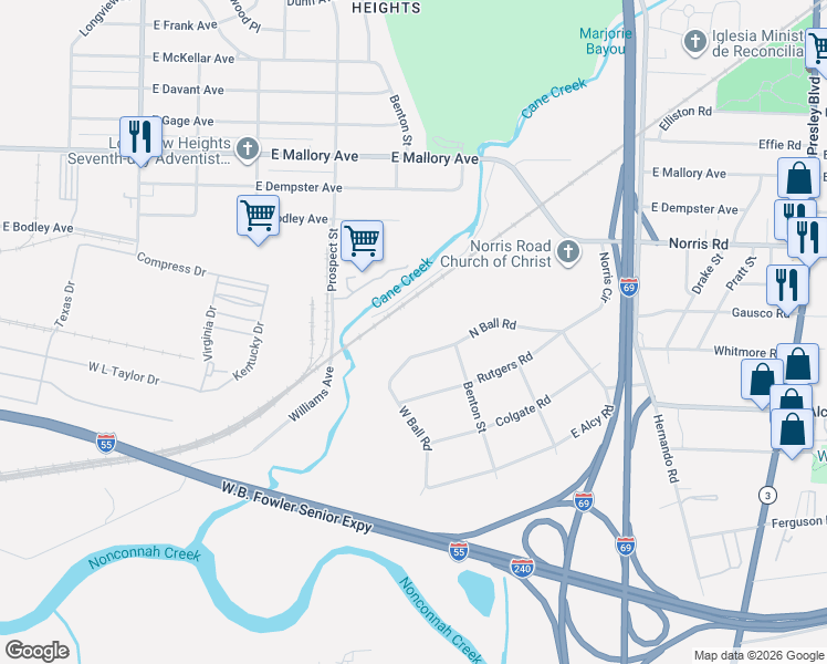 map of restaurants, bars, coffee shops, grocery stores, and more near 872 North Ball Road in Memphis