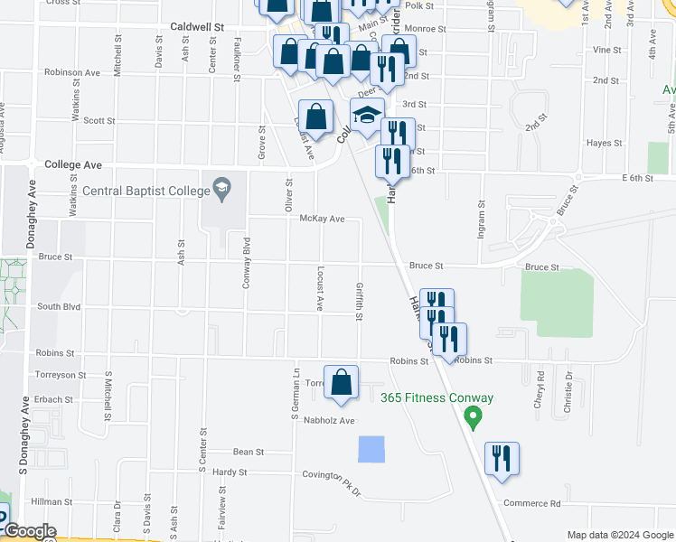 map of restaurants, bars, coffee shops, grocery stores, and more near 1315 Bruce Street in Conway