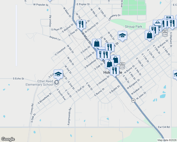 map of restaurants, bars, coffee shops, grocery stores, and more near 225 South Oak Street in Holdenville