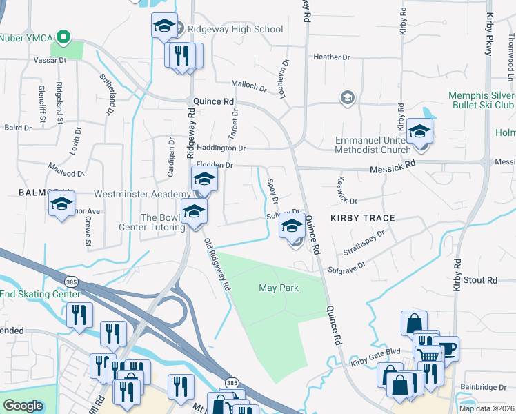 map of restaurants, bars, coffee shops, grocery stores, and more near 2498 Ayrshire Cove in Memphis