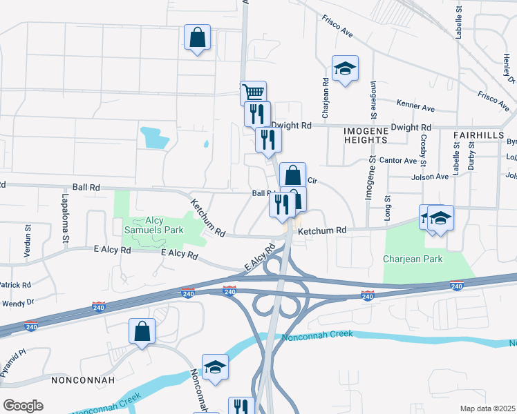 map of restaurants, bars, coffee shops, grocery stores, and more near 2381 Lindbergh Road in Memphis