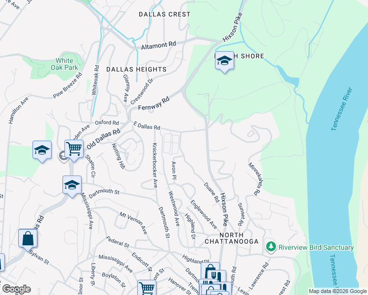 map of restaurants, bars, coffee shops, grocery stores, and more near 1215 Duane Road in Chattanooga