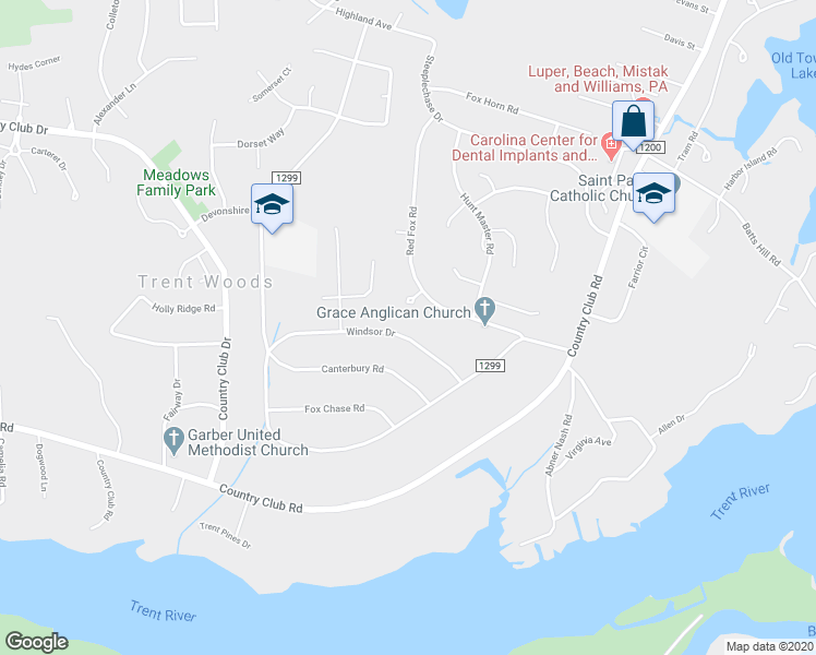 map of restaurants, bars, coffee shops, grocery stores, and more near 3414 Windsor Drive in Trent Woods