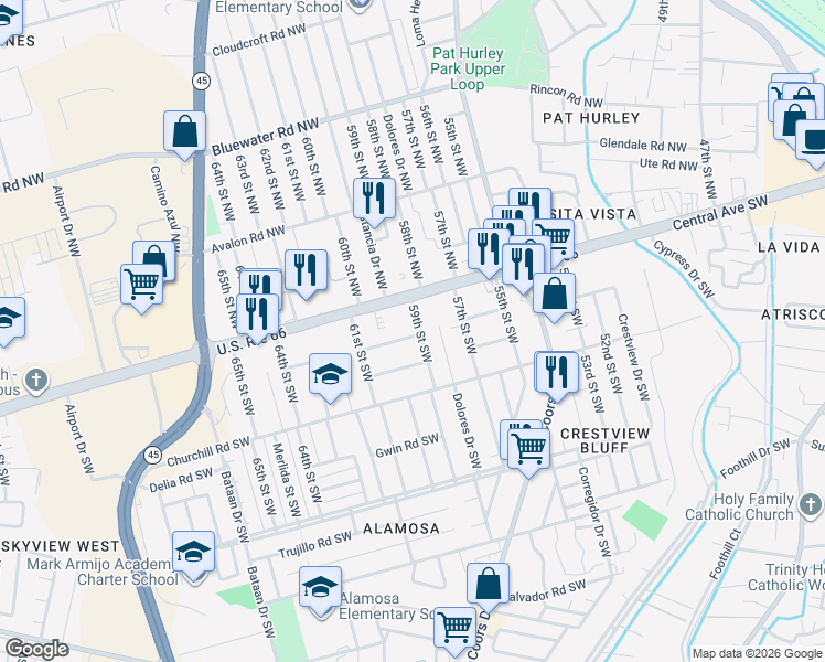 map of restaurants, bars, coffee shops, grocery stores, and more near 123 59th Street Southwest in Albuquerque