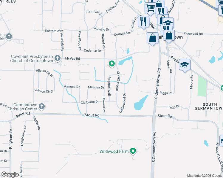 map of restaurants, bars, coffee shops, grocery stores, and more near 2504 Regents Walk in Germantown