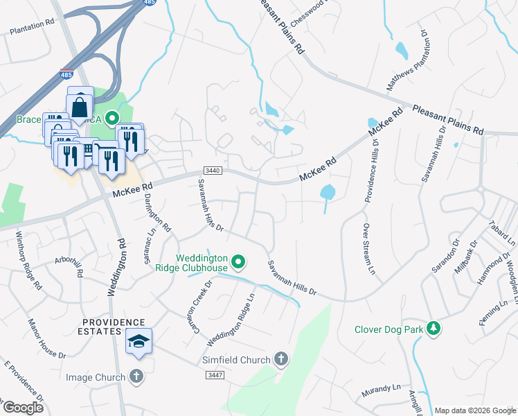 map of restaurants, bars, coffee shops, grocery stores, and more near 7606 Carrington Forest Lane in Matthews