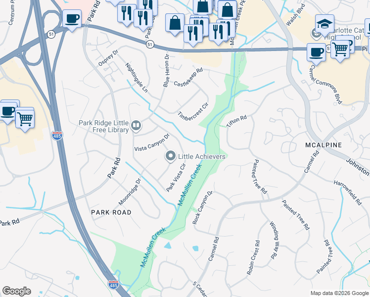 map of restaurants, bars, coffee shops, grocery stores, and more near 8224 Park Vista Circle in Charlotte