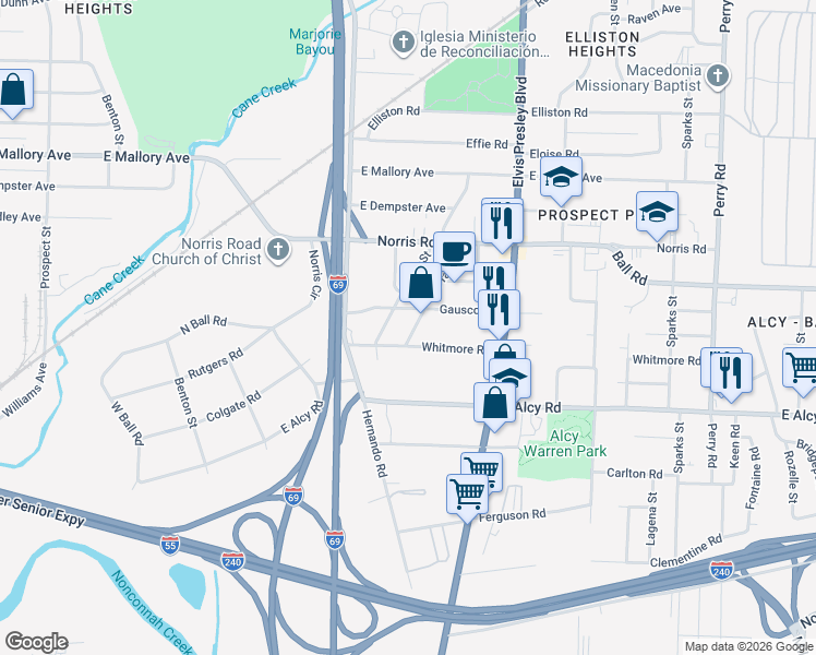 map of restaurants, bars, coffee shops, grocery stores, and more near 2375 Pratt Street in Memphis