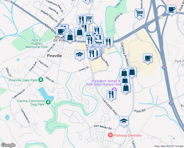 map of restaurants, bars, coffee shops, grocery stores, and more near in Pineville