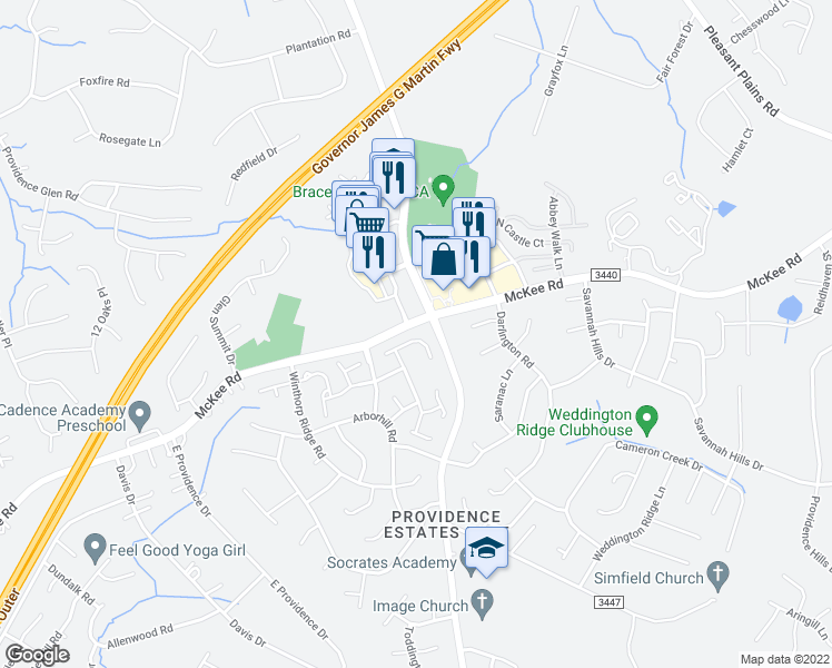 map of restaurants, bars, coffee shops, grocery stores, and more near 3513 Laurenhurst Lane in Charlotte