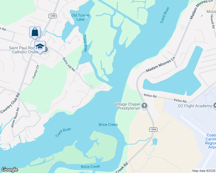 map of restaurants, bars, coffee shops, grocery stores, and more near 18 Batts Hill Rd in New Bern