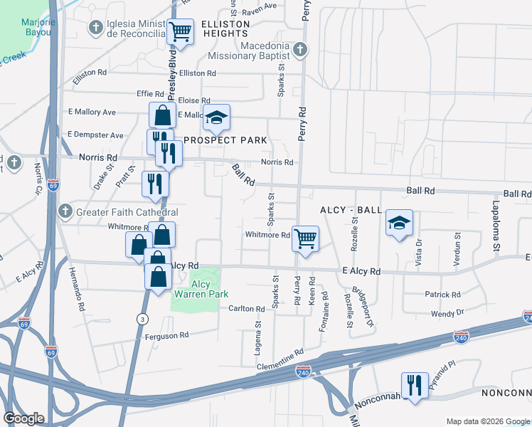 map of restaurants, bars, coffee shops, grocery stores, and more near 1532 Gausco Road in Memphis