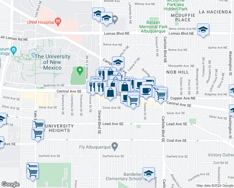 map of restaurants, bars, coffee shops, grocery stores, and more near 3022 Central Ave SE in Albuquerque