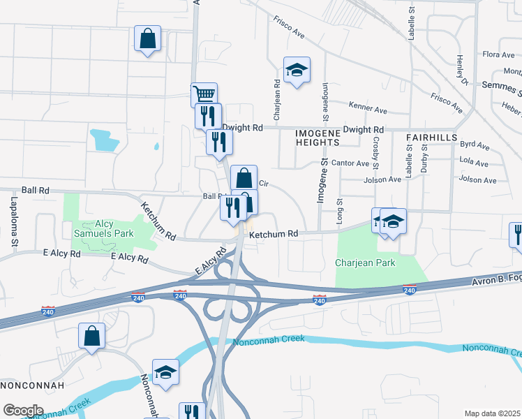 map of restaurants, bars, coffee shops, grocery stores, and more near 2376 Joy Lane in Memphis
