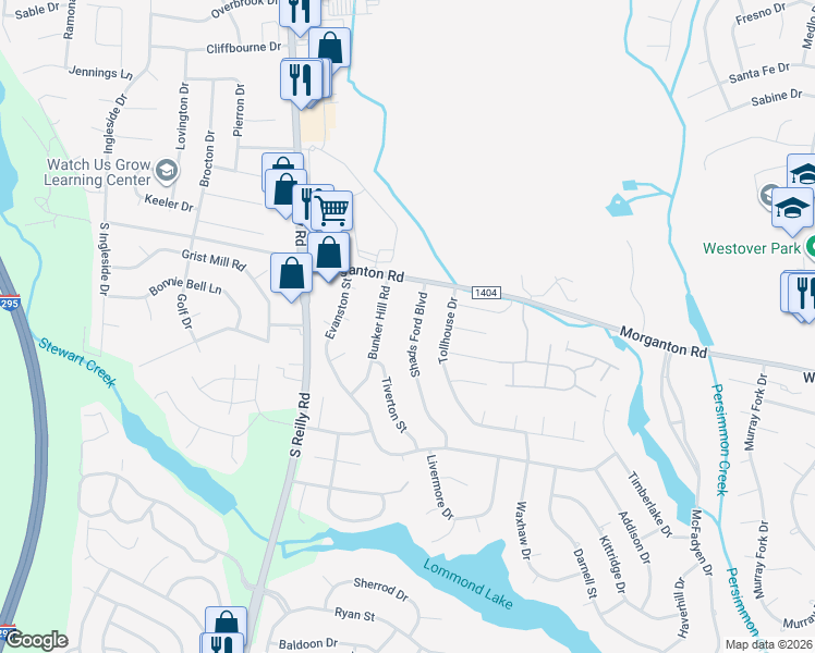 map of restaurants, bars, coffee shops, grocery stores, and more near 118 Shads Ford Boulevard in Fayetteville
