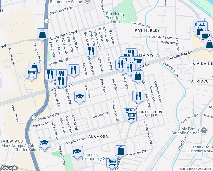 map of restaurants, bars, coffee shops, grocery stores, and more near 205 Dolores Dr SW in Albuquerque