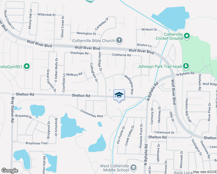 map of restaurants, bars, coffee shops, grocery stores, and more near 1500 John Ridge Drive in Collierville