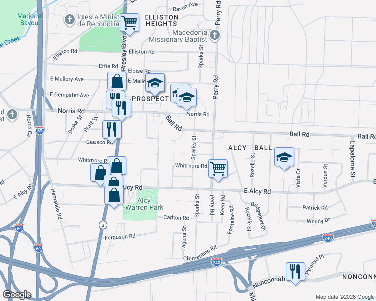 map of restaurants, bars, coffee shops, grocery stores, and more near 1494 Gausco Road in Memphis