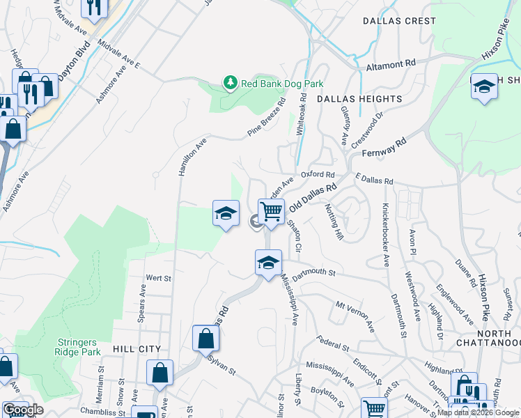 map of restaurants, bars, coffee shops, grocery stores, and more near 1602 Berkley Circle in Chattanooga