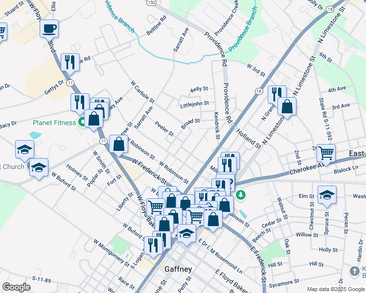 map of restaurants, bars, coffee shops, grocery stores, and more near 422 Mills Street in Gaffney