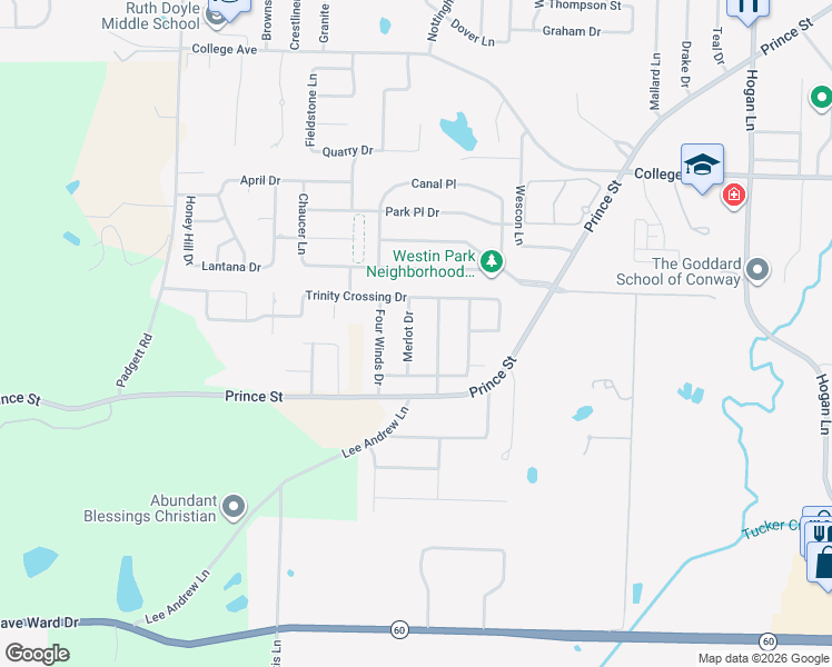 map of restaurants, bars, coffee shops, grocery stores, and more near 180 Merlot Drive in Conway