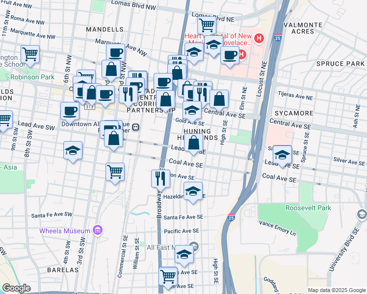 map of restaurants, bars, coffee shops, grocery stores, and more near 322 Arno Street Southeast in Albuquerque
