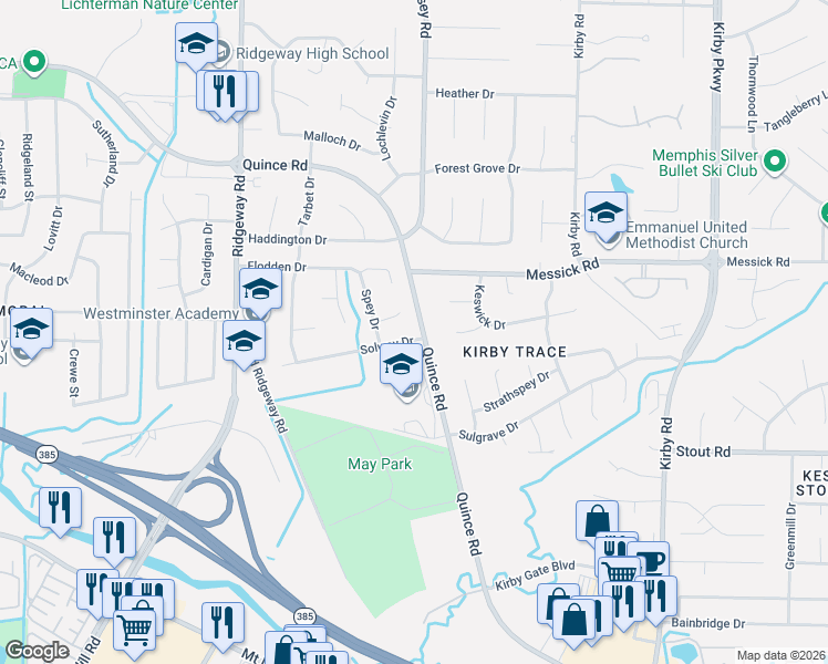 map of restaurants, bars, coffee shops, grocery stores, and more near 6306 Quince Road in Memphis